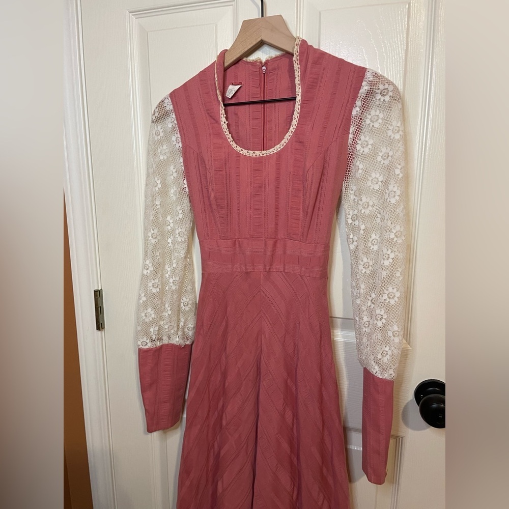 Prairie Cottagecore Vintage 1960s Pink Long Sleeve Maxi Dress Size 7 *Rare* - Picture 2 of 16
